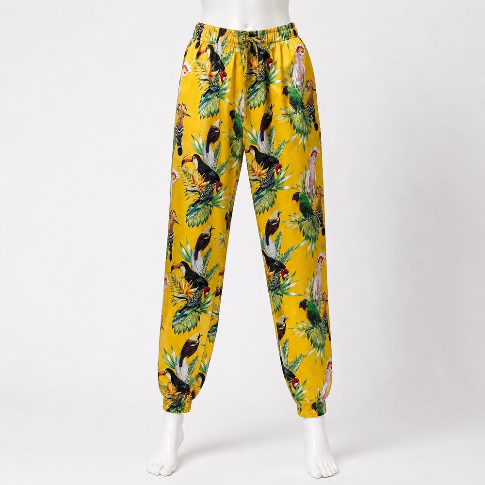 MAD Engine Tropical Bird Jogger Pants Yellow Satin Look Size S